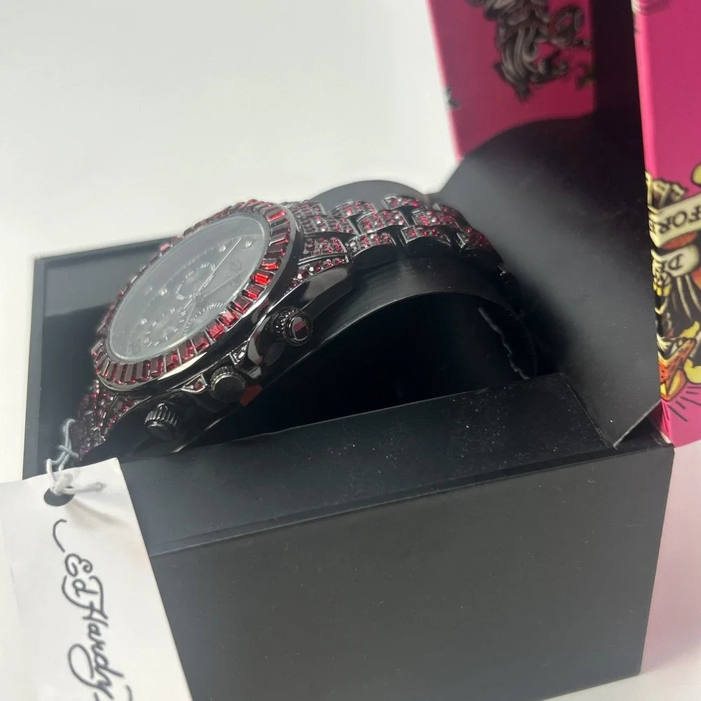 NIB Ed Hardy Red Crystal Iced Out Women's Watch Multi-Subdial Face ($85 Retail)